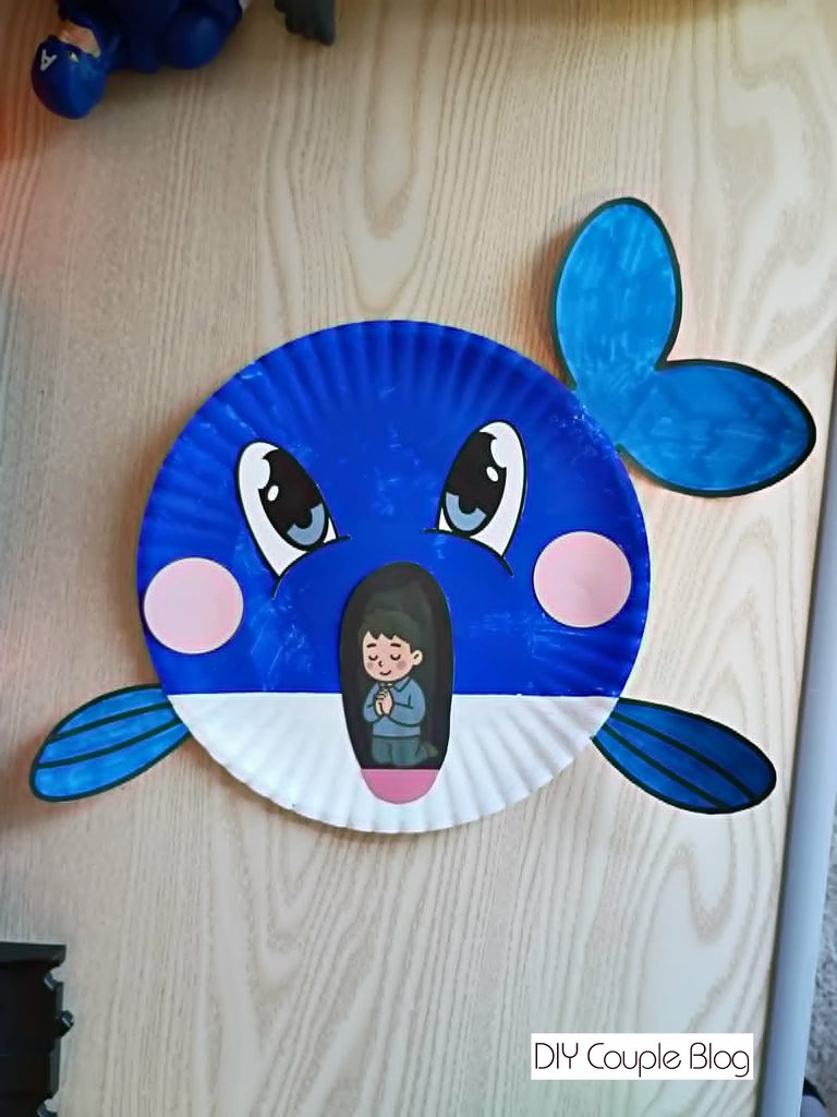 blue paper plate whale craft for adding Jonah in the whale mouth
