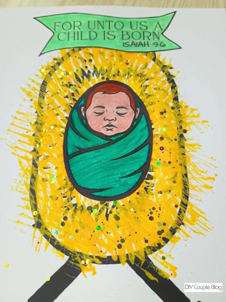 fork painting manger scene craft to teach kids about the Christmas story of baby Jesus