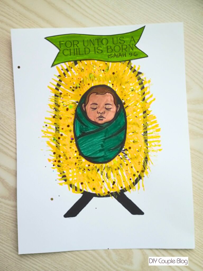 Printable manger scene craft completed with fork painting to look like straw pieces 